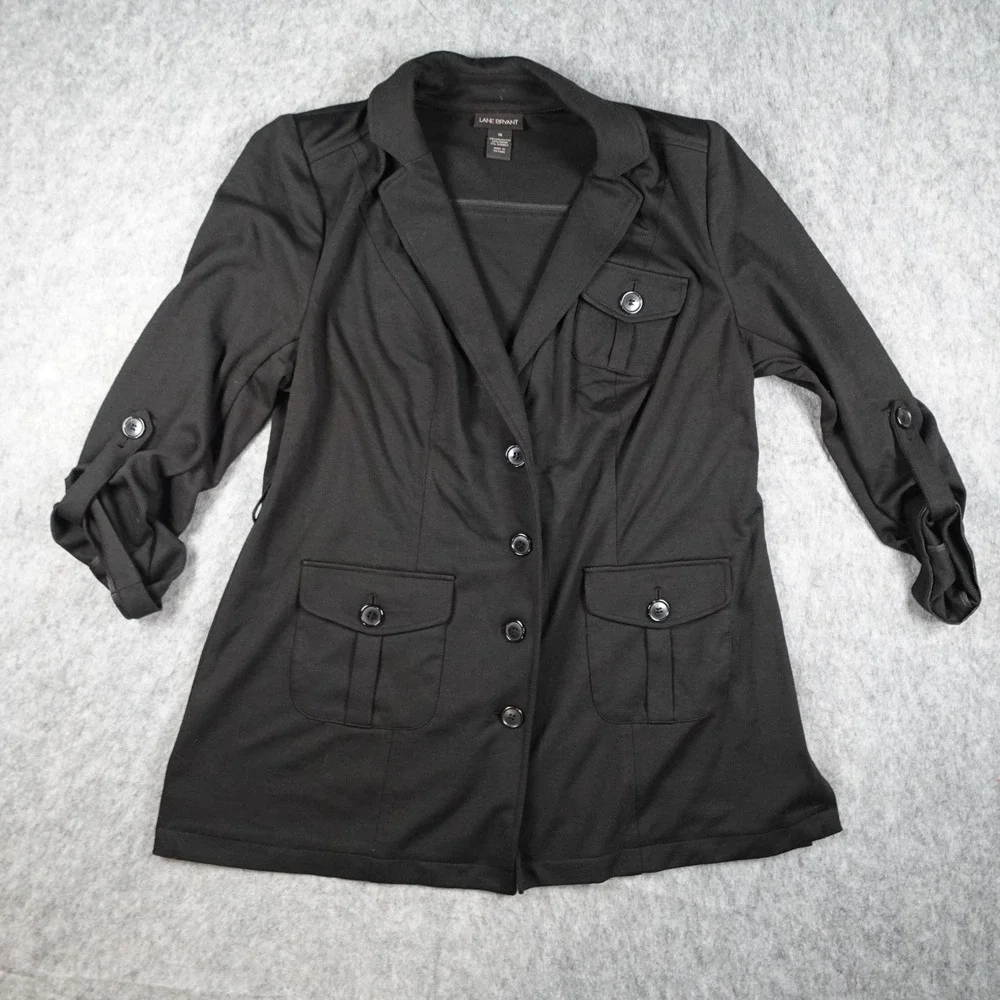 Lane Bryant Jacket Women 16 Black Button Front Roll Tab Sleeve Utility Knit